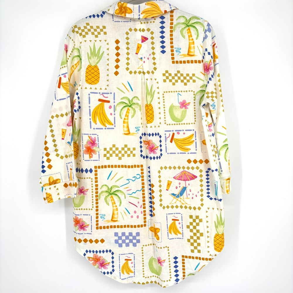Calypso St Barth Button Down‎ Shirt Linen Blend Postcard Print Long Slv Tunic S - Picture 6 of 13